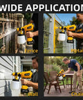 Kick Your Diy Routine Up A Notch With This Hassle Free Cordless Paint Sprayer Armed With Two Heavy Duty 4000 Mah Batteries And A Sweet Finishing HVLP Gun For Flawless Cabinets And Fence Jobs, showing versatility in using on fence, wall, chair, and metal.
