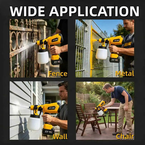 Kick Your Diy Routine Up A Notch With This Hassle Free Cordless Paint Sprayer Armed With Two Heavy Duty 4000 Mah Batteries And A Sweet Finishing HVLP Gun For Flawless Cabinets And Fence Jobs, showing versatility in using on fence, wall, chair, and metal.