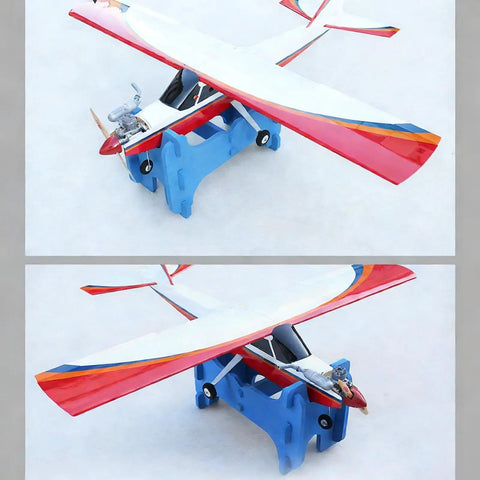 Double Slot RC Aircraft Foam Stand For Gas Powered And Electric Planes holding a model plane, blue EVA foam material.