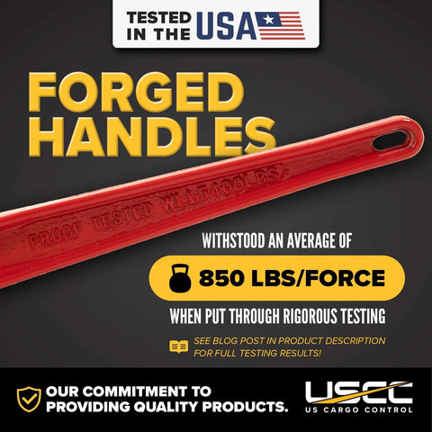 Heavy Duty Two Pack 5/16 Inch Grade 70 Ratchet Load Binders with forged red handles and 5400 lbs WLL