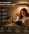 Axmvez Rechargeable Wall Sconces Set of 2, Battery Operated Cordless Picture Lights with Remote, Touch Control, 3 Colors, Dimmable Magnetic Wood Grain Lamps for Bedroom and Artwork, woman reading in bed with lamp on wall.