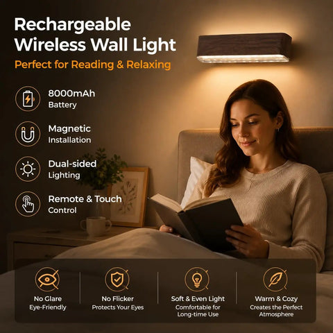 Axmvez Rechargeable Wall Sconces Set of 2, Battery Operated Cordless Picture Lights with Remote, Touch Control, 3 Colors, Dimmable Magnetic Wood Grain Lamps for Bedroom and Artwork, woman reading in bed with lamp on wall.