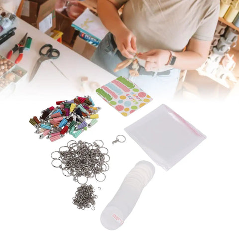 Super Hype DIY Acrylic Keychain Blank Kit Includes Sixty Clear Blanks Plus Rings Tassels Bags And Paper Cards For Painting Projects That Turn Awesome Custom Designs Great Value Set For Beginners Making Personalized Things That Look Totally Cool. clear acrylic blanks, tassels, rings, and card packs shown