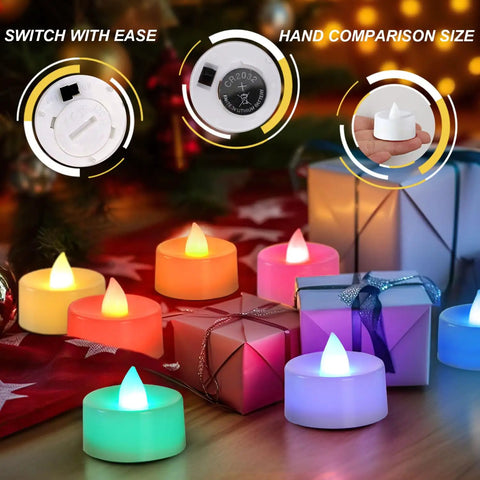 Color Changing LED Tea Lights 24 Pcs Flameless Tealight Candles With Colorful Lights showing size and switch details