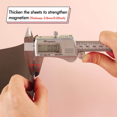 Caliper measuring 0.8mm thick double sided rubber magnetic sheet for metal dies scrapbooking and craft storage
