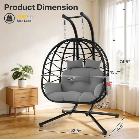 Oversized Double Hanging Egg Chair With Stand For Indoor Outdoor Use 2 Person Wicker Swing Chair With Cushions 700 Lbs Capacity