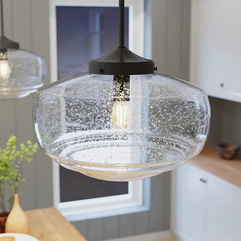 Saddle Creek 1 Light Noble Bronze Pendant With Seeded Glass Shade Dimmable Schoolhouse Ceiling Fixture in kitchen