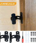 2 Pack 90 Degree Flip Sliding Barn Door Lock installed on wooden door, showing rugged corrosion resistant alloy steel in black
