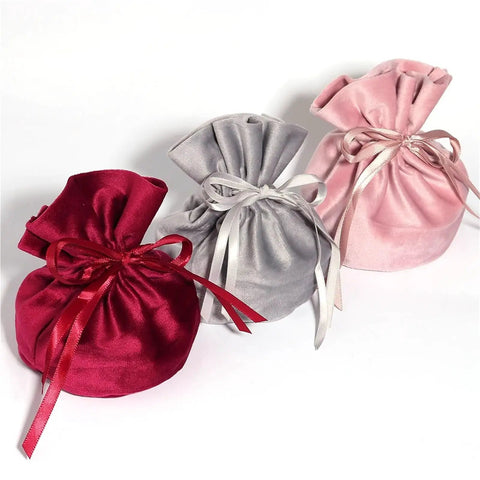 Velvet Drawstring Jewelry Bags Set, 12 Pack Colorful Ribbon Storage Pouches in red, gray, pink for jewelry protection