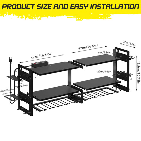 Power Tool Organizer Wall Mount With Charging Station And 3 Tier Heavy Duty Metal Rack Featuring 8 Drill Holders And 6Ft Power Strip For Garage Workshop Storage Easy Install Black