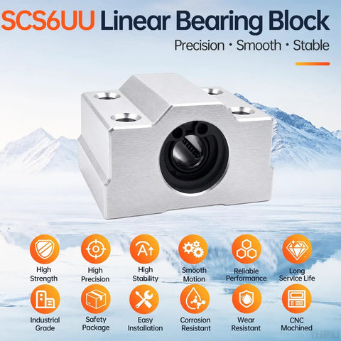 Heavy Duty Workhorse 4 Pack SCS6UU 6mm Linear Bearing Blocks with aluminum body designed for smooth action in CNC applications.