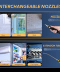 Interchangeable nozzles for Supercharged 2500W Handheld Steam Cleaner, shown for cleaning surfaces like glass and car interiors.