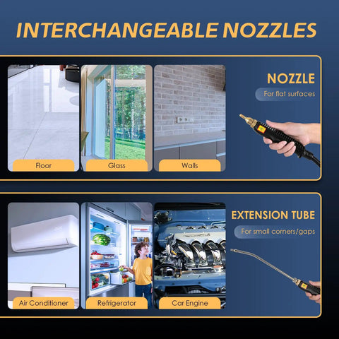 Interchangeable nozzles for Supercharged 2500W Handheld Steam Cleaner, shown for cleaning surfaces like glass and car interiors.