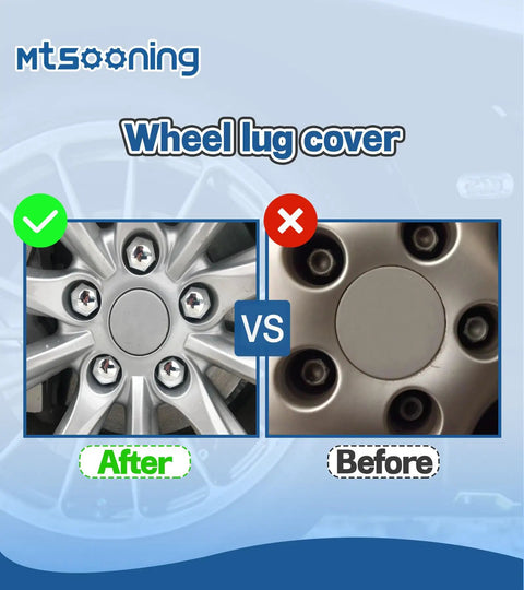Before and after using 21 Pcs Car Wheel Nut Covers 21mm Universal Lug Nut Caps Chrome Gloss ABS Auto Bolt Head Protectors with Remover Clip for Easy Install and a Dope Slick Look on Your Rims.