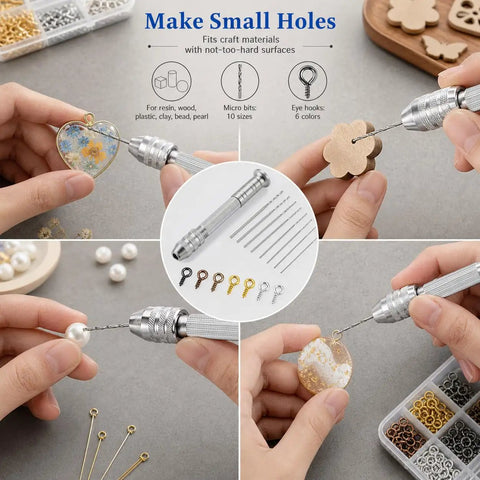 Pro Grade Pin Vise Hand Drill Set With Stainless Steel Pin Vise, 10 Drill Bits From 0.8mm To 3mm, 600 Multi Color Eye Hooks For Jewelry Making Resin Casting And DIY Crafts used on resin charms and wood