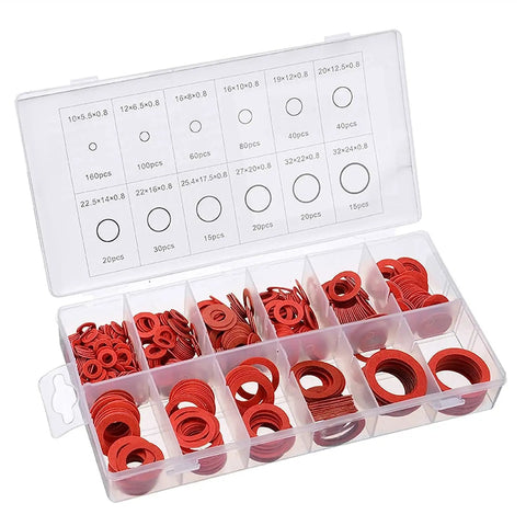 600 Pcs Red Steel Paper Fiber Flat Washers Kit With Ultrathin Gaskets And Insulation Washers Nut Bolt Set Corrosion Resistant Heavy Duty Hardware For Plumbing Automotive Pipes Decoration And DIY Projects, assorted sizes in organizer