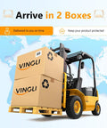 Forklift holding two VINGLI boxes against a world map background, showcasing "Arrive in 2 Boxes" message for shipping.