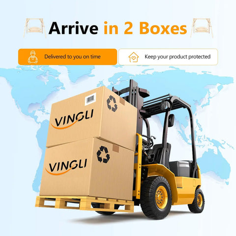 Forklift holding two VINGLI boxes against a world map background, showcasing "Arrive in 2 Boxes" message for shipping.
