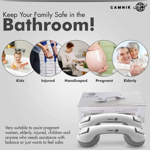 Two Pack Suction Shower Grab Bars For Bathtubs And Showers, No Slip Safety Handles next to box packaging with user icons above