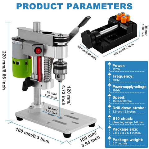 Mini Benchtop Drill Press With Bright Work Light For Precise Woodworking Jewelry And Crafts Rear Mounted 795 Motor Small Bench Drilling Machine B10 Chuck And Belt Guard Ideal For Hobbyists And Pros with dimensions and power specifications shown.