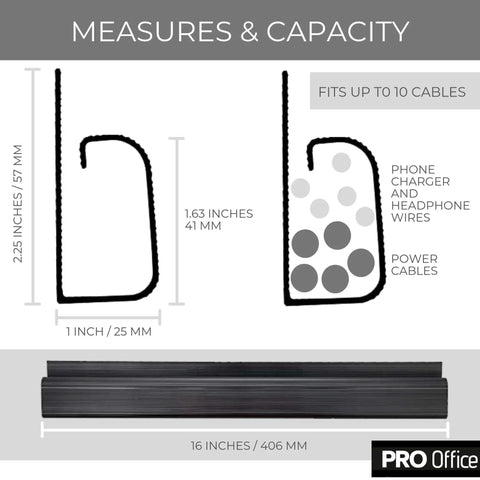 Diagram of J Channel Cable Raceways For Under Desk Wire Management Six 16 Inch Black Cable Channels showing size and capacity.