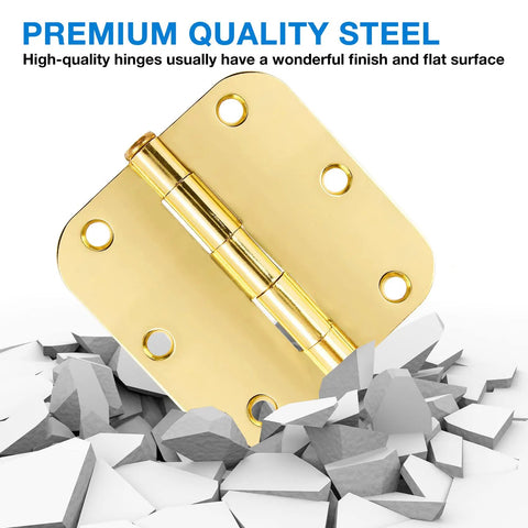 18 Pack 3 Point 5 Inch Brass Door Hinges With Five Eighth Radius Polished Gold Finish Includes 108 Screws For Quick No-Fuss Install Interior Door Hardware For Bedroom Bathroom Office Hallway 270 Degree Swing Smooth Plain Bearing