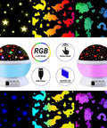 Two Pack Kids Night Light Projector For Bedroom With Six Films Starry Sky Unicorns Dinosaurs Pink And Blue Colorful Glow 4.1 X 3.8 Inches Perfect Gift For Kids showing pink and blue projectors with various colorful film designs and features.