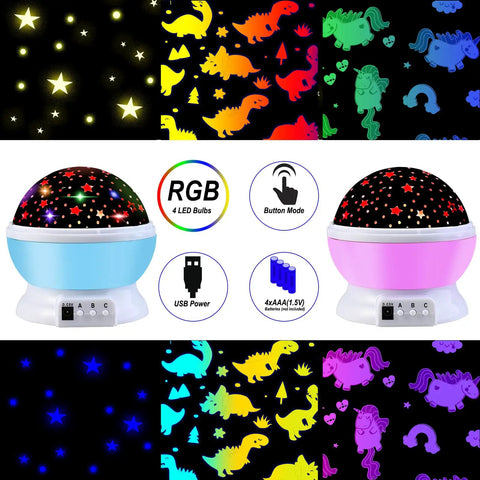 Two Pack Kids Night Light Projector For Bedroom With Six Films Starry Sky Unicorns Dinosaurs Pink And Blue Colorful Glow 4.1 X 3.8 Inches Perfect Gift For Kids showing pink and blue projectors with various colorful film designs and features.