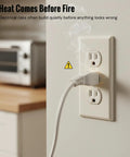 Smoke above outlet with warning symbol, illustrating risk before using Nine Pack Heat Activated Fire Suppression Patches for Outlets.