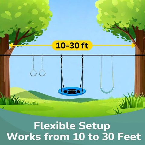Backyard Slackline Swing Set With 40 Inch Saucer Swing Between Trees No Perfect Tree No Problem Easy Setup Outdoor Play Equipment