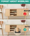 12 Piece Furniture Leveler Kit With Multi Size Rubber Shims stabilizes wobbling dresser in before and after comparison