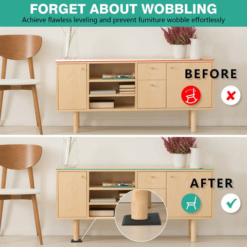 Before and after image of furniture using the Wrangling Wobbly Furniture Fast With Twenty Four Piece Rubber Leveler Kit.