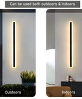 Two Pack 23.6 Inch Outdoor Modern LED Wall Light 18W IP65 waterproof black fixture with frosted acrylic shown outdoors and indoors.
