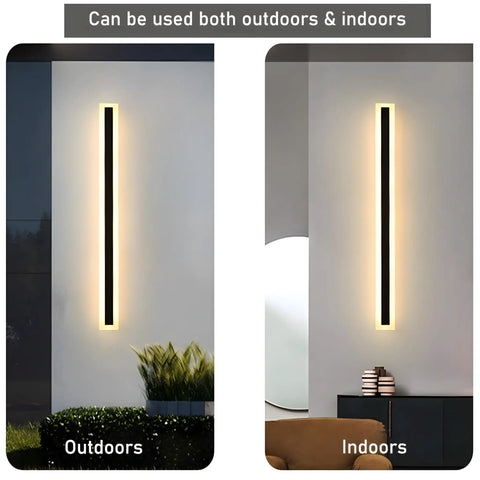 Two Pack 23.6 Inch Outdoor Modern LED Wall Light 18W IP65 waterproof black fixture with frosted acrylic shown outdoors and indoors.