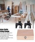 2 Piece Magnetic Knife Setting Jigs For Planer And Jointer displayed with wooden box and woodworking background