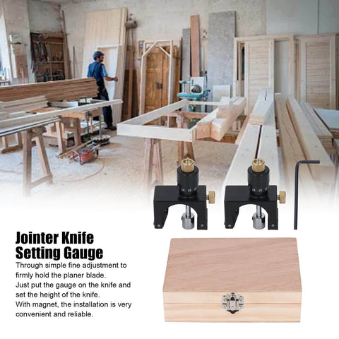 2 Piece Magnetic Knife Setting Jigs For Planer And Jointer displayed with wooden box and woodworking background