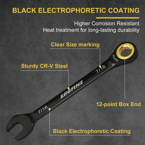 Pro Grade 7/16 Ratchet Wrench With Silky Smooth 72 Tooth Gears And Rock Solid Cr-V Construction featuring a black electrophoretic coated finish.