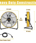 Heavy Duty 20 Inch Shroud Fan With Industrial Grade Motor Delivers 6300 CFM High Velocity Air Circulation For Workshop Garage Warehouse And Industrial Spaces IP44 Enclosed UL Listed For Safety, front and side view with dimensions.