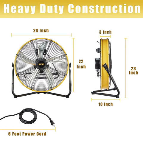 Heavy Duty 20 Inch Shroud Fan With Industrial Grade Motor Delivers 6300 CFM High Velocity Air Circulation For Workshop Garage Warehouse And Industrial Spaces IP44 Enclosed UL Listed For Safety, front and side view with dimensions.