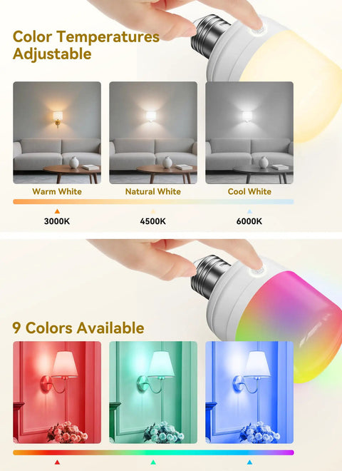 Image showing Go-To Rechargeable E26 LED Light Bulbs With Remote And Timer, Battery Backup with adjustable color temperatures and 9 color options.