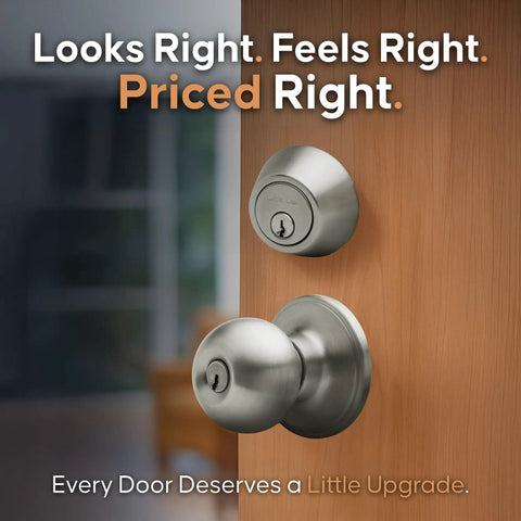 Ball Door Knob Set With Keyed Alike Deadbolt Satin Stainless Finish Easy Screwdriver Install No Brainer Quick Fit Adjustable 4 Way Latch