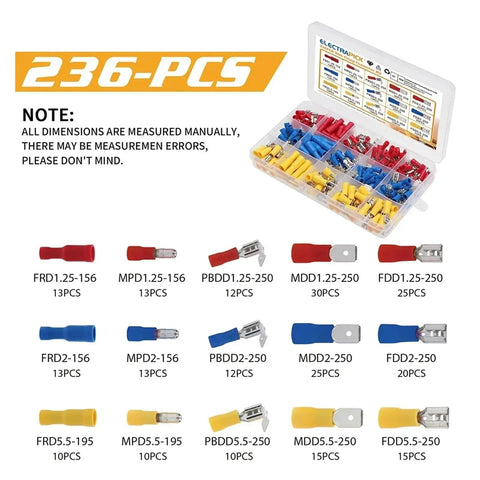 Top Notch 236 Pc Insulated Wire Electrical Connectors Assortment Kit With Butt Spade Ring Terminals And Fast Disconnect Crimp Tools For Pro DIY Wiring Jobs, assorted terminals in organizer case