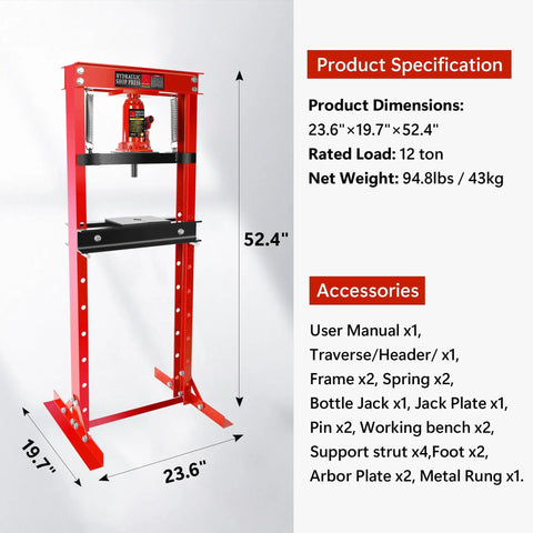 Heavy Duty Hydraulic Bench Shop Press Packing Real Crushing Power For Auto Body Work And Daily Shop Projects With Smooth Pump Handle And Tough Red Steel Construction For Any Garage, 52.4 inches tall.