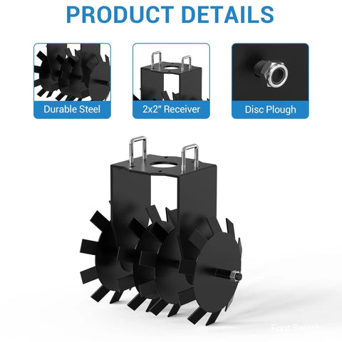 32 Inch Disc Plow Harrow With Two Inch Receiver For Tractor And ATV Heavy Duty Ground Tiller Attachment showing steel frame and blades