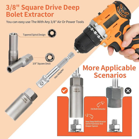 Heavy Duty 16 Piece 3/8 Inch Drive Deep Socket Extractor Set That Makes Stripped Bolts And Frozen Nuts A Walk In The Park, showing sockets and hex adapter.