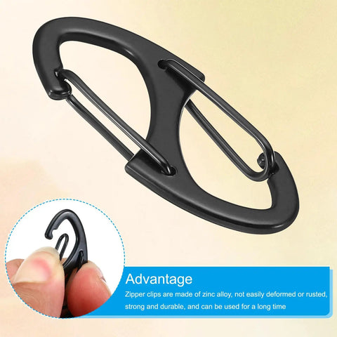 Close-up of black zinc alloy double-opening lock zipper clip, part of the 9Pcs Zipper Clip Theft Deterrents With Double Opening Lock Zipper Pulls Replacement Clips For Luggage Backpack Bag Purse Suitcase Travel Gear Camping Stay Safe On The Go.