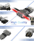 Three Way T Tap Wire Splitter Connectors For 16-20 AWG Low Voltage Wiring, 2 Pin Solderless Quick Splice, No Stripping, Insulation Diameter Up To 3mm, 10 Pack in use showing secure connection and quality PVC design.