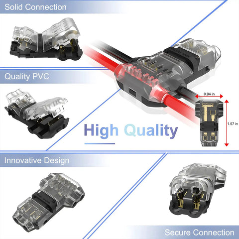 Three Way T Tap Wire Splitter Connectors For 16-20 AWG Low Voltage Wiring, 2 Pin Solderless Quick Splice, No Stripping, Insulation Diameter Up To 3mm, 10 Pack in use showing secure connection and quality PVC design.