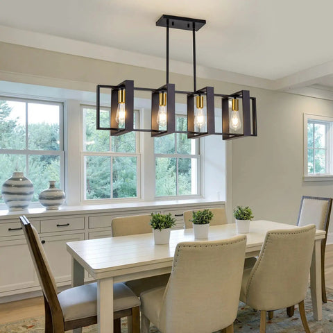 Farmhouse Kitchen Island Lighting Black Chandelier Set With Wooden Rectangular Frame Ideal For Dining Room Ceiling Hanging Industrial Four Light Pendant Fixtures Over Table In Rustic Modern Style installed in dining room.