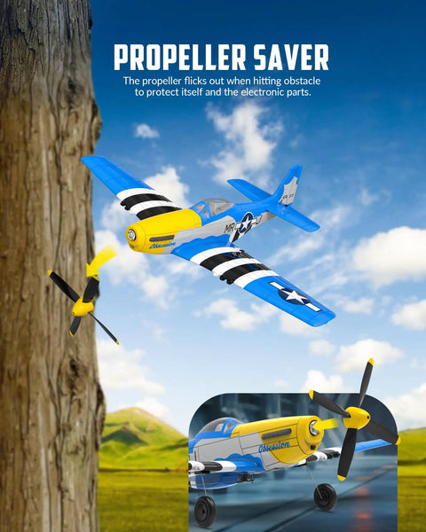 Beginner Friendly RC Plane With Gyro Stabilizer And Powerful Motor For Adults And Kids P51D Mustang 4 Channel 2 4GHz Remote Control Aircraft Ready To Fly Blue shown flying with propeller saver.